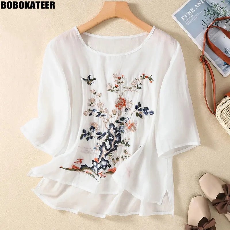 

BOBOKATTER Summer Tops Women Clothing Vintage White Thin Cotton Linen Embroidery Loose Ladies T-shirt Short Sleeve Fashion 2023