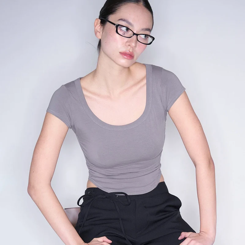 CUTENOVA Женская Мягкая Асимметричная Футболка Plis 3) Slim Fit С Короткими Рукавами И