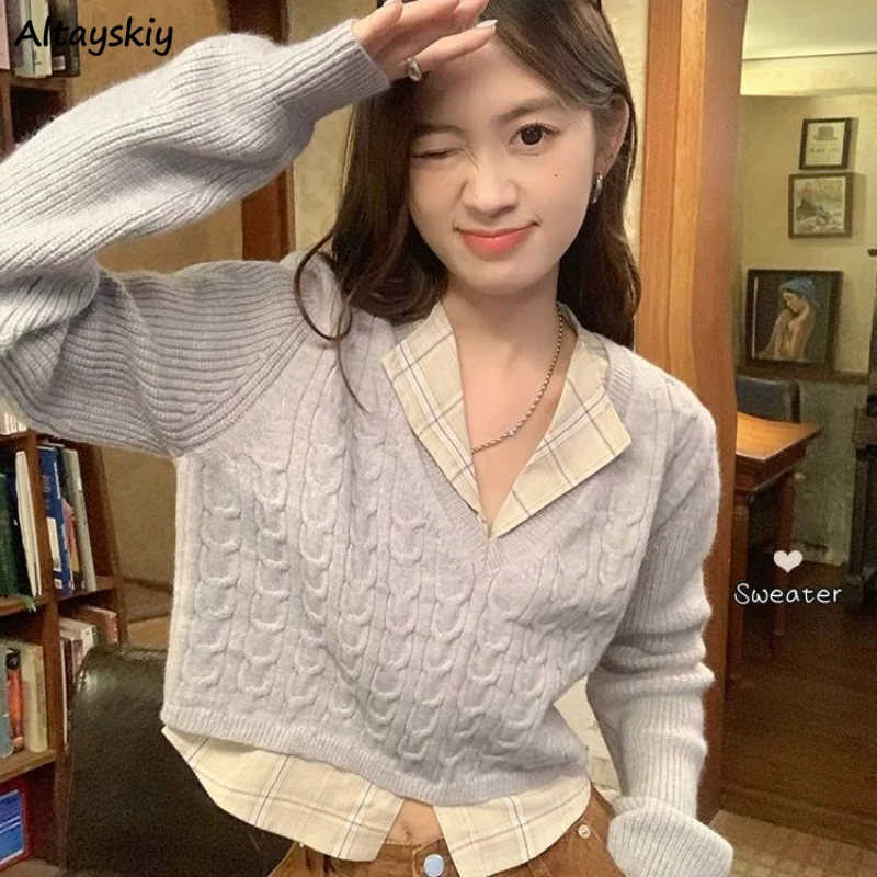 

Имитация 2 шт. пуловеры женские повседневные Harajuku преппи в Корейском стиле милые темпераментные свитеры для колледжа Свитер в стиле пэчворк