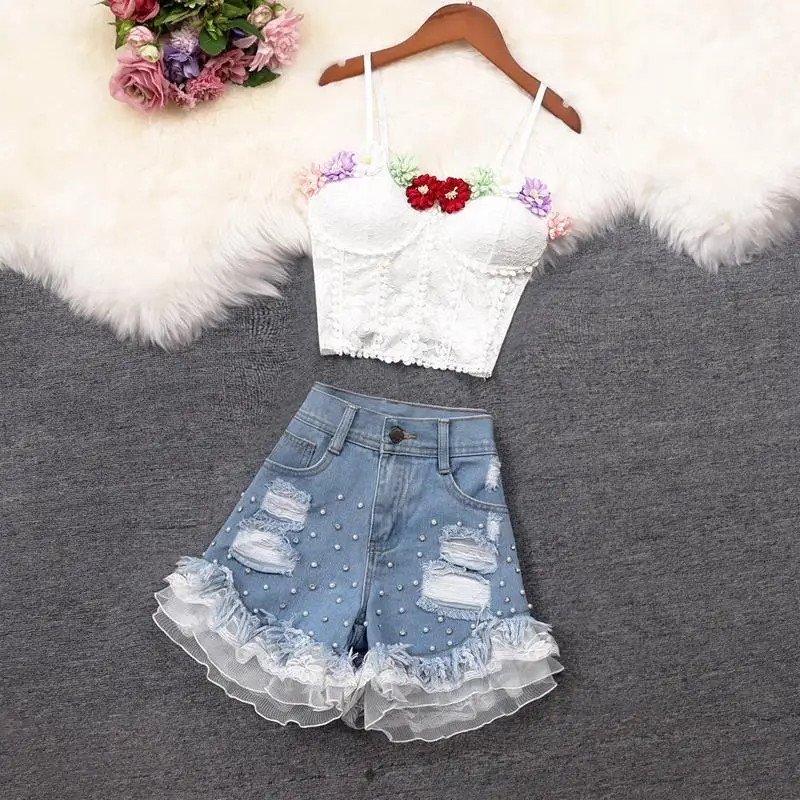 

Women 2022 Summer Fashion Sexy 2 Piece Sets Female 3D Flower Camisole Tops + High Waist Lace Holes Shorts Ladies Suits J74