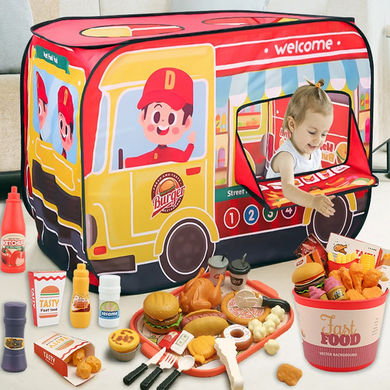 Children Kitchen Girl Toys Simulation Make Hamburger Pizza Fries Pretend Play Food Cooking Cutting Game Party Activity