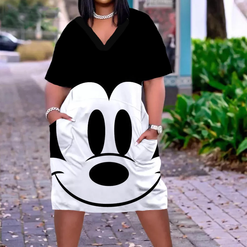 

Summer Boho Midi Fat Dress Disney Minnie Mickey 3D Print Casual Women's V Neck Sexy Short Sleeve Party Dress