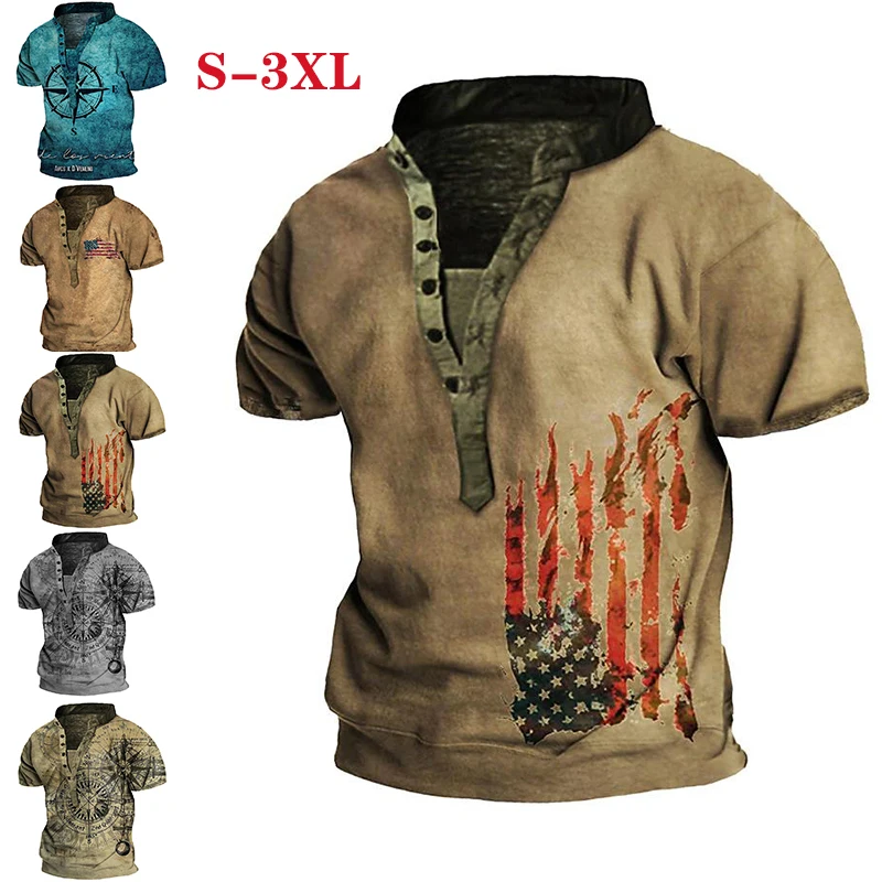 

Men's Retro Short-sleeved T-shirt V-neck Button 3D Printing Loose Turtleneck Shirt Daily Casual Street Short Sleeves