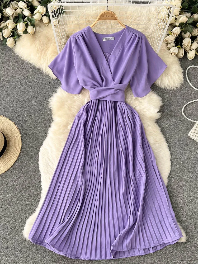 

Женское плиссированное платье средней длины, фиолетовое/красное/зеленое винтажное платье с V-образным вырезом, коротким рукавом, завышенной талией и драпировкой