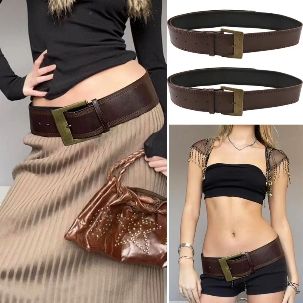 

Ремень Y2K в стиле ретро с металлической пряжкой, широкий пояс из искусственной кожи в западном стиле