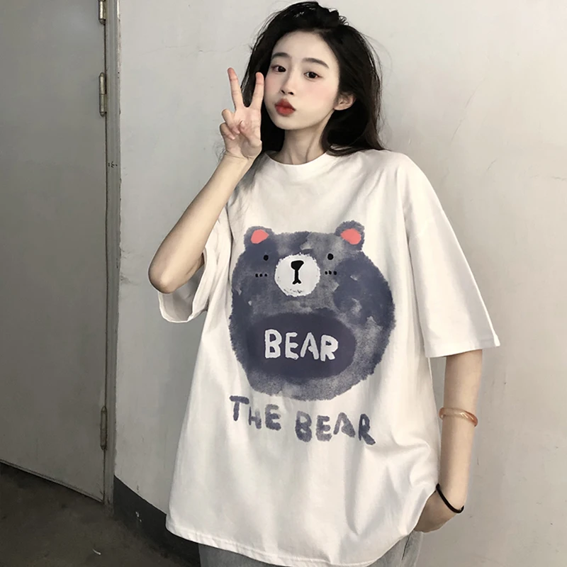 

Женские футболки, топы, японский Kawaii Ulzzang, свободная футболка с принтом ленивого медведя, Женская Корейская одежда Harajuku для женщин