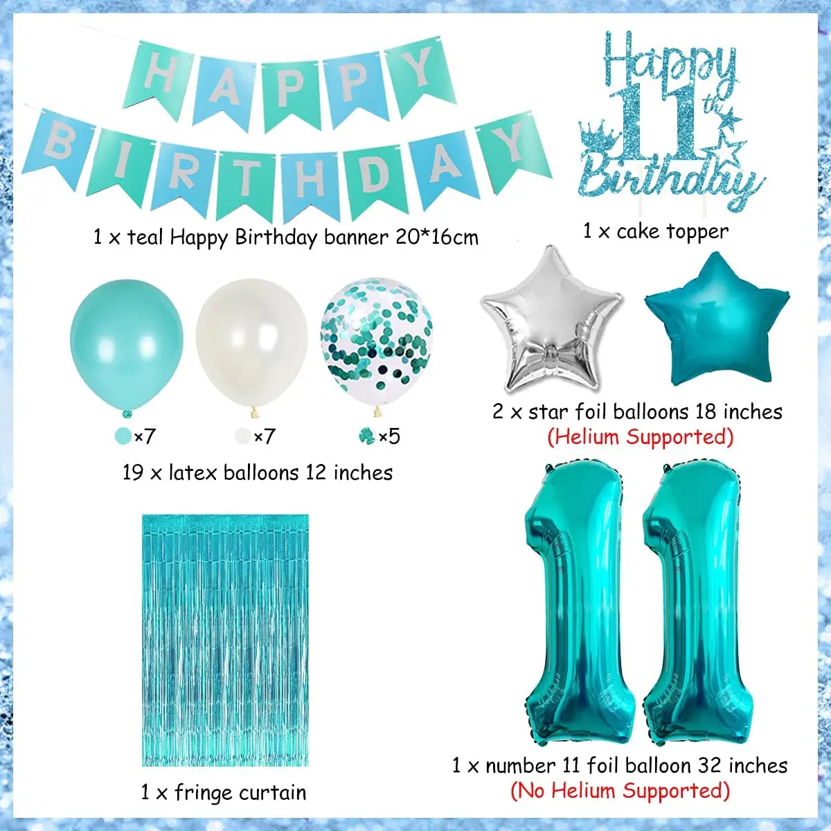

SURSURPIRSE Teal Confetti Sliver Star Foil Balloon Cake Topper Teal Foil Rain Curtain Banner for Girl 11th Birthday Decoration