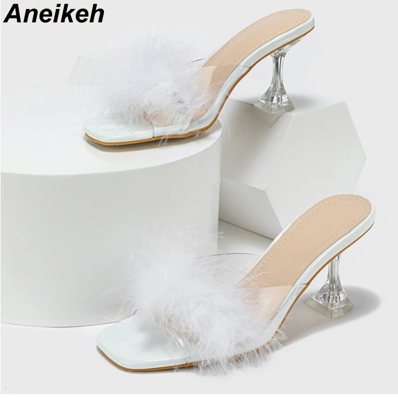 

Aneikeh2024 Elegant Sexy Feather Decorative Sandals Slippers Women's Square Head Open Toe PVC Transparent Kitten Heel High Heels