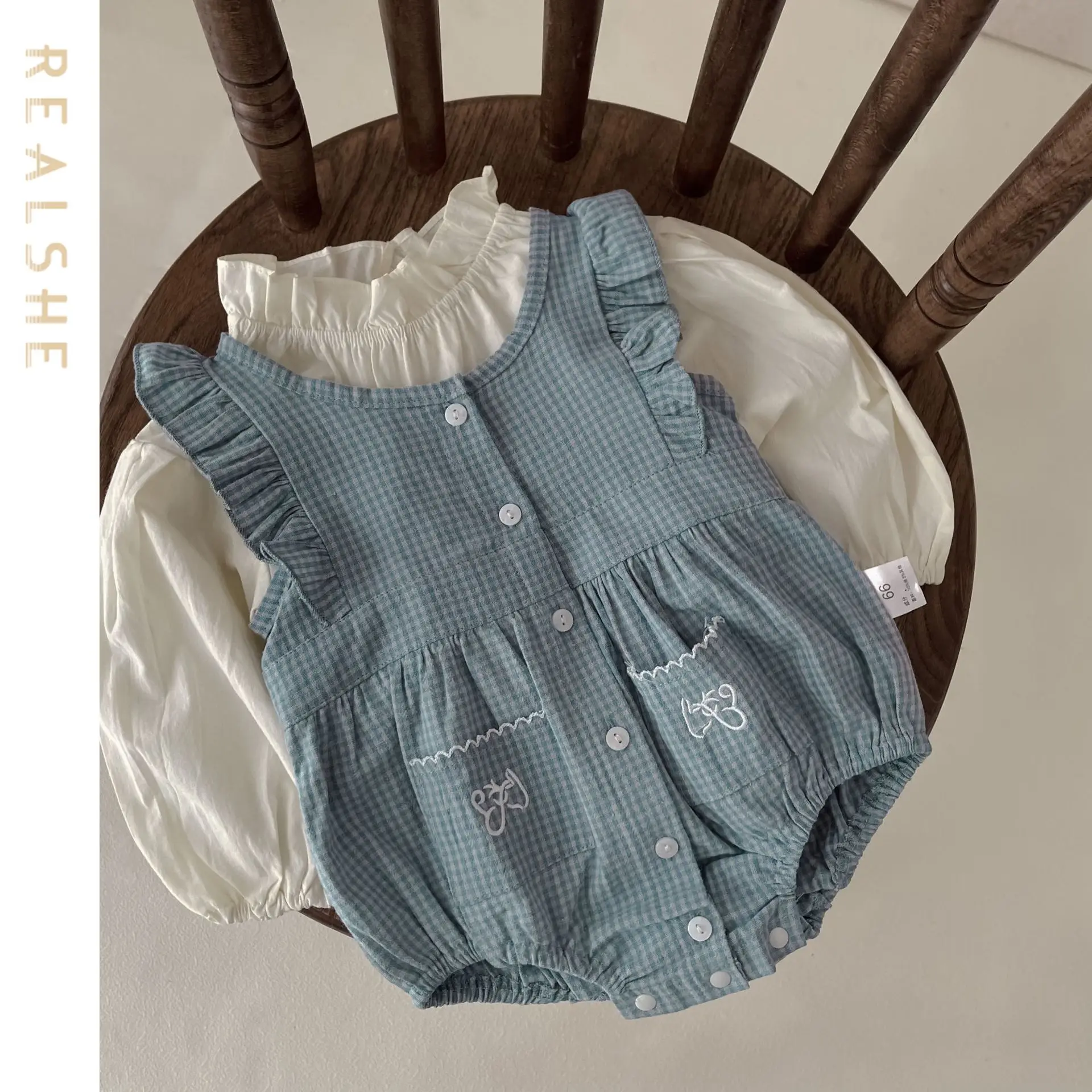 

Kids Jumpsuit Outfit Korean Children Clothing 2023 Autumn New Baby Rompers Kid Girls White Shirt Sleeveless Plaid Suspenders