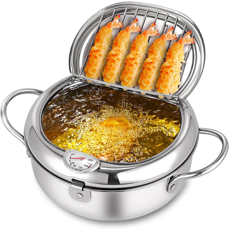 

Frying Pans 304 Stainless Steel Pot Tempura Skillets Japanese Deep Fryer Kitchen With Thermometer And LidWithout Oil Cookware