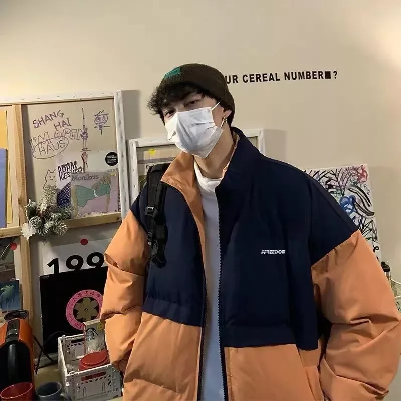 down coat men's thickened warmth stand-up collar Korean trend contrast color loose lovers padded Kong style cotton