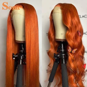 Imported Transparent Lace Frontal Wigs Orange Ginger Straight Lace Front Wig 180% Density Colored Human Hair 