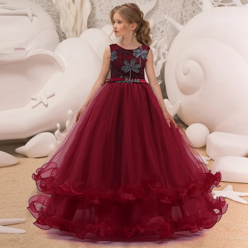

2022 Formal Embroidery Evening Kids Dresses For Girls Children Princess Petal Wedding Party Dresses Birthday Costume 10 12 Years