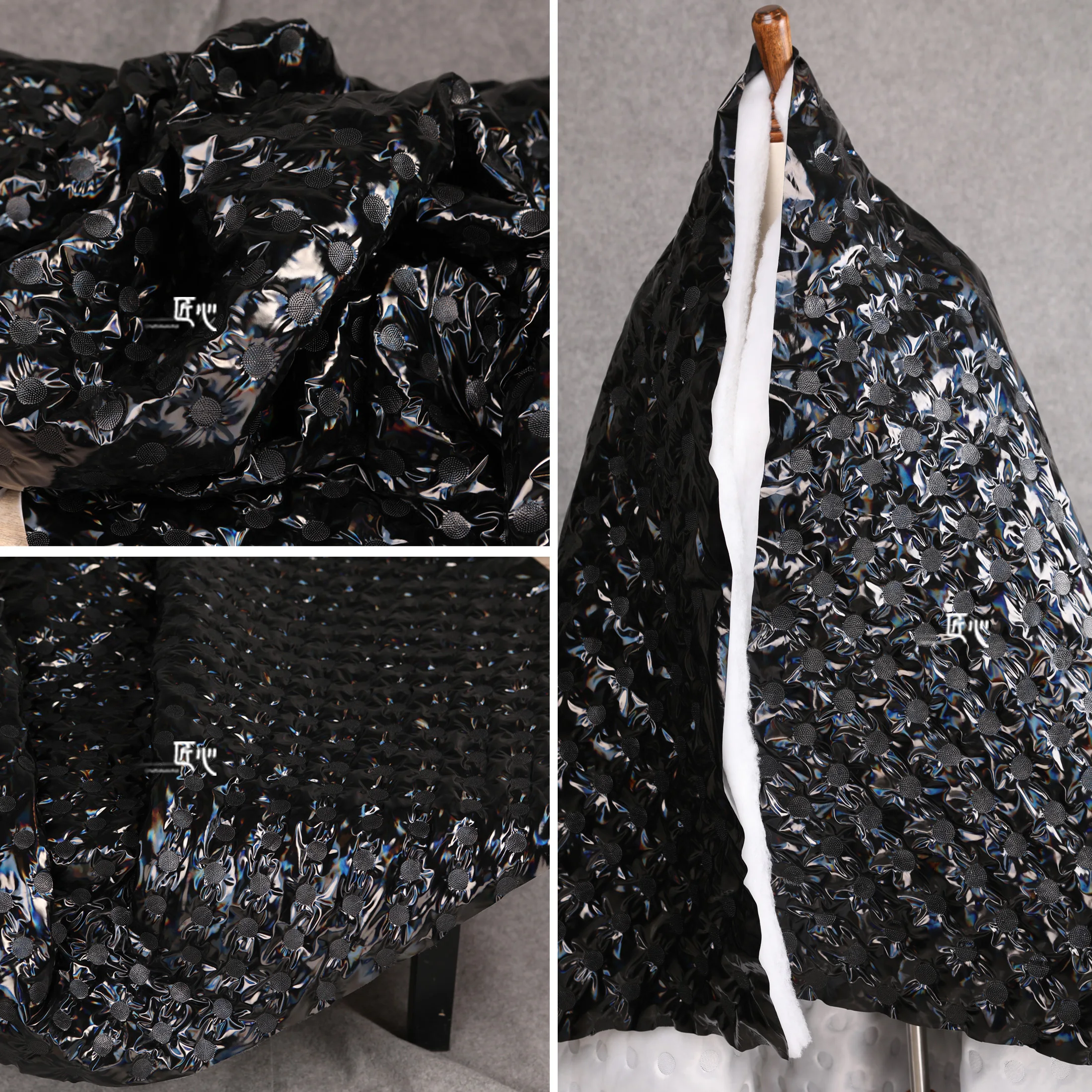 

Cotton Clip/laser Embroidery Thick Black Concave Convex Dot Magic Rainbow Film Laser Clothing Waterproof Designer Down Jacket