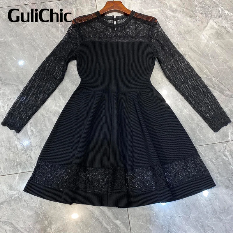 

8,27 GuliChic женское темпераментное прозрачное кружевное лоскутное трикотажное мини-платье с длинным рукавом и высокой талией