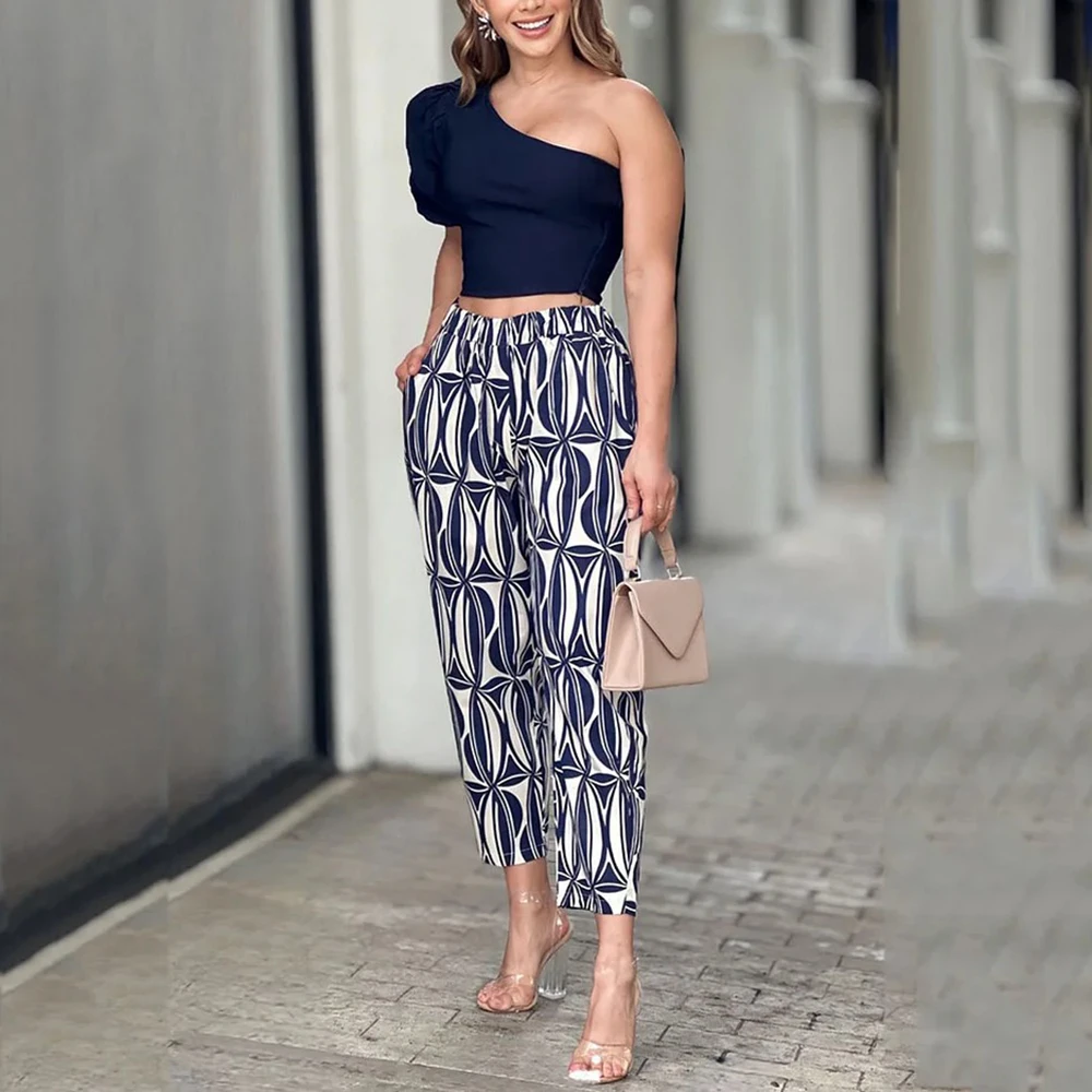 

Beachbele Formal Clothing Casual One-sleeve Top & Pants Two-piece Set For Women Party Sweet StreetWear Office Lady