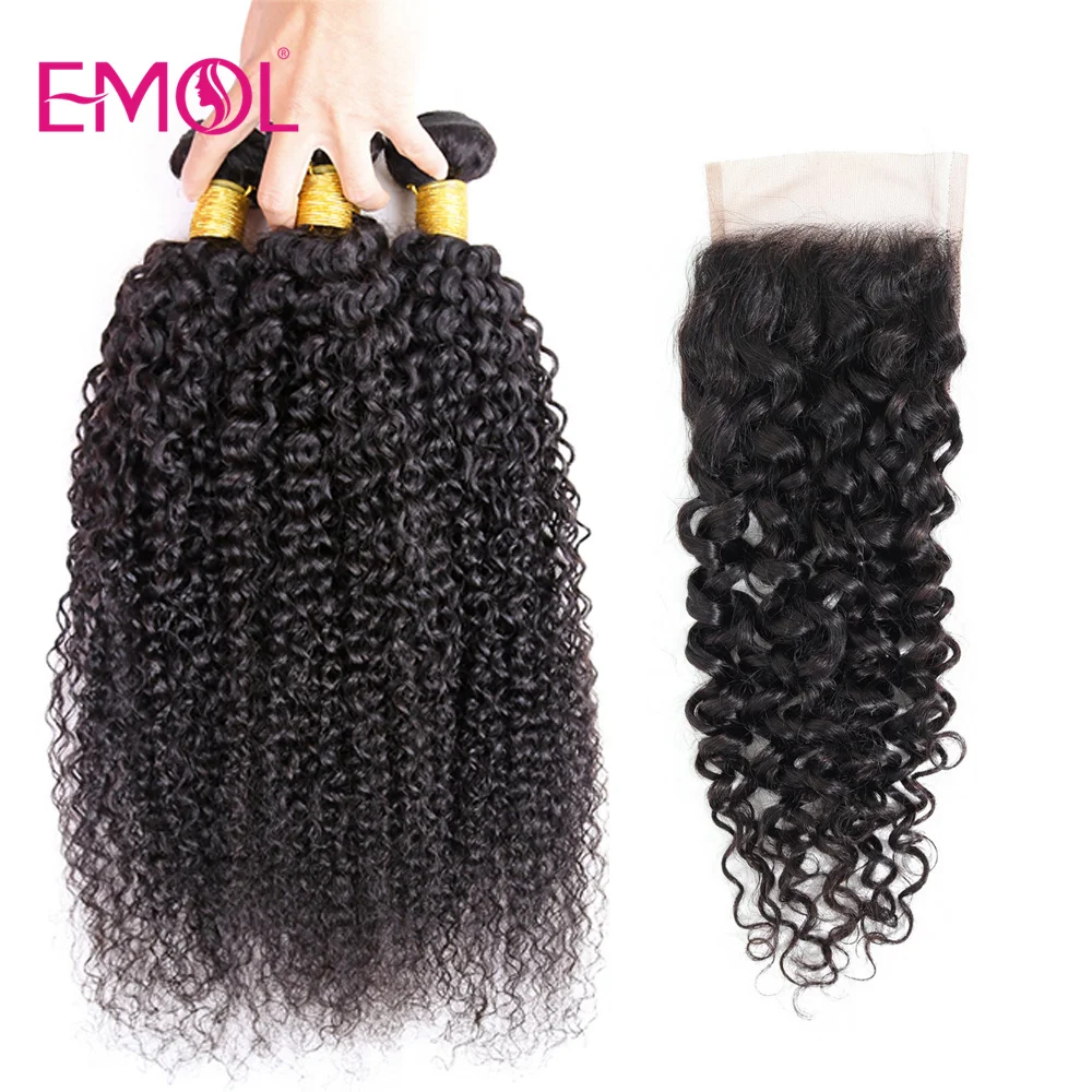 Kinky Curly Human Hair Bundles With Closure 4x4 Free Middle or three part Pre Plucked Peruvian Hair Bundles With Closure