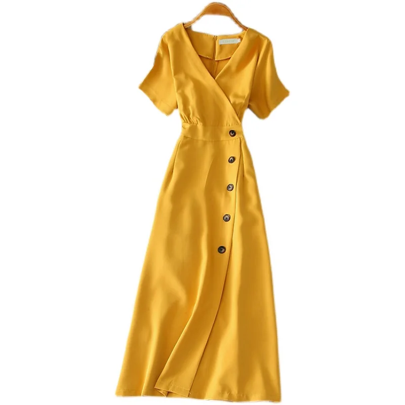 

Chiffon Women's Dress Summer New Loose Casual Fashion V-neck Solid Color Short Sleeve Female Clothing