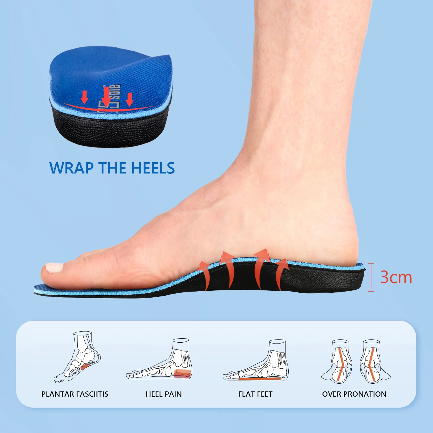 PCSsole 3cm High Arch Shoe Insole Orthopedic Flat Foot Plantar Fasciitis Insole Blue Memory Foam EVA Sole  Sport Insoles 126