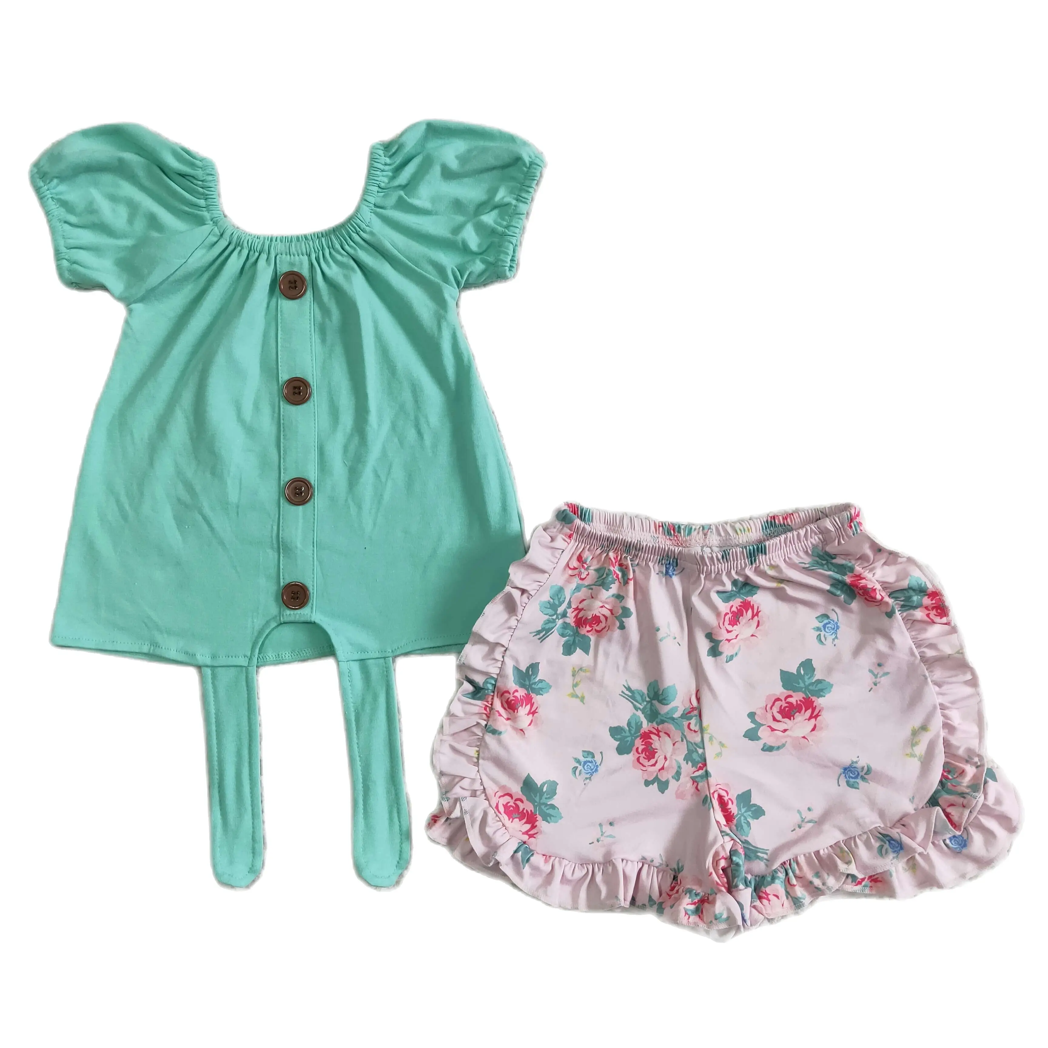 

Детская летняя одежда, зеленый топ с коротким рукавом с оборками и шорты с цветочным принтом, модная одежда для девочек