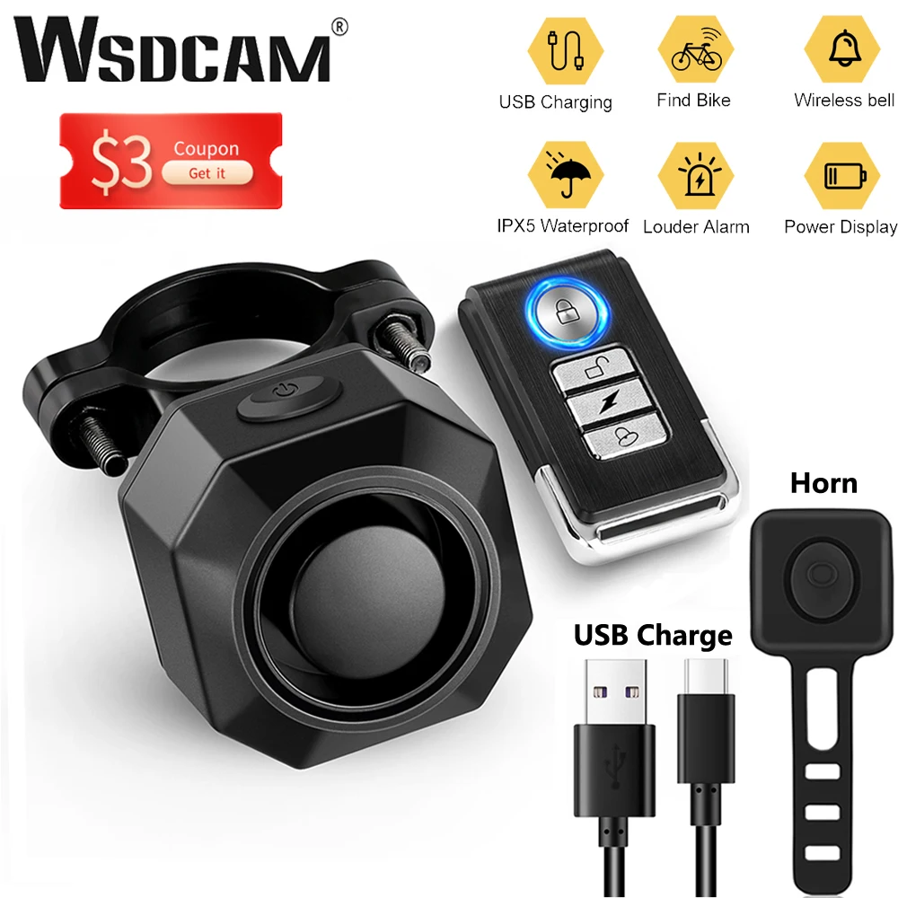WSDCAM Bike Alarm Wireless Waterproof Bicycle Vibration Alarm USB Charging Remote Control Motorcycle Alarm Security Protection
