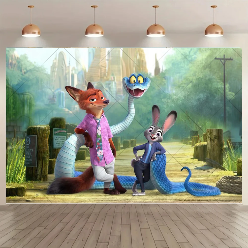Фото Фон для фотосессии с героями мультфильма Disney «Зверополис», Ник и Джуди, баннер для дня рождения, детского праздника, украшение для фотосессии №4