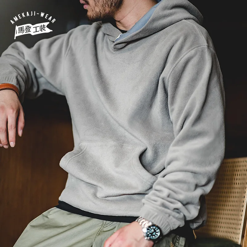 

Maden Casual Fleece Hooded Sweatshirts Thickened Warm Stacked Pullover Solid Color Hoodies Men Loose Sweater Fashion Streetwear