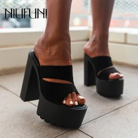 niufuni 14cm super high heel platform suede hollow pu soft leather womens slippers summer size 35 41 sexy black slides peep toe