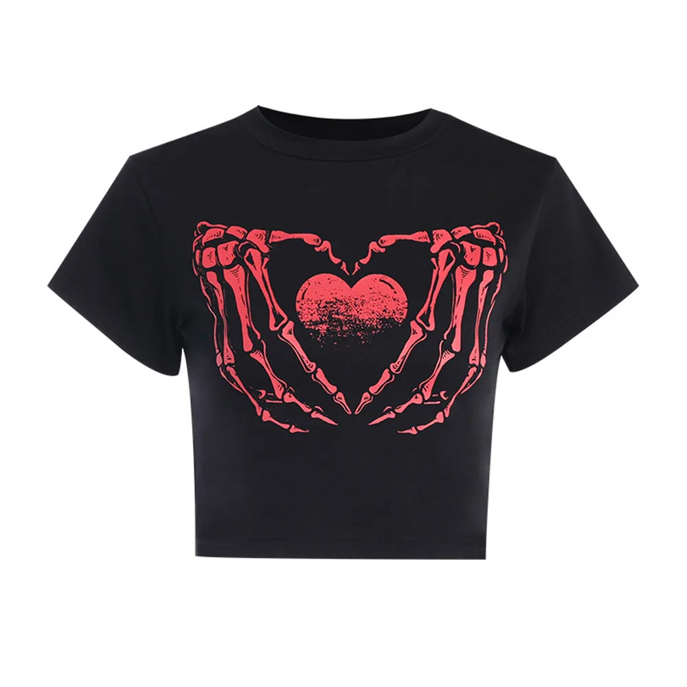 

Gothic Harajuku Black Print T-shirt Streetwear Punk Cropped Tops Skull Grunge Women Summer Short Basic Tees Y2K Goth Color Block