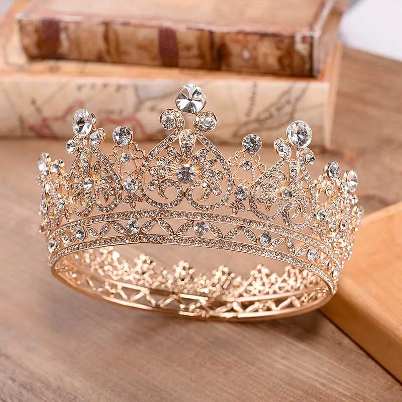 

Baroque Crown Bling Rhinestone Tiaras Headbands Gold/Silver Plated Hairbands Full Round Princess Diadem Wedding Hair Jewelry