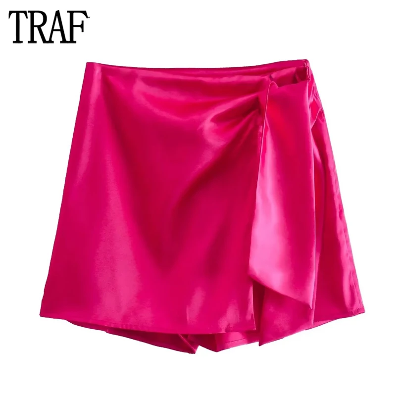 

TRAF Rose High Waist Shorts for Women Asymmetric Skort Skirt Woman Winter Knot Bermuda Shorts Women Streetwear Casual Pants