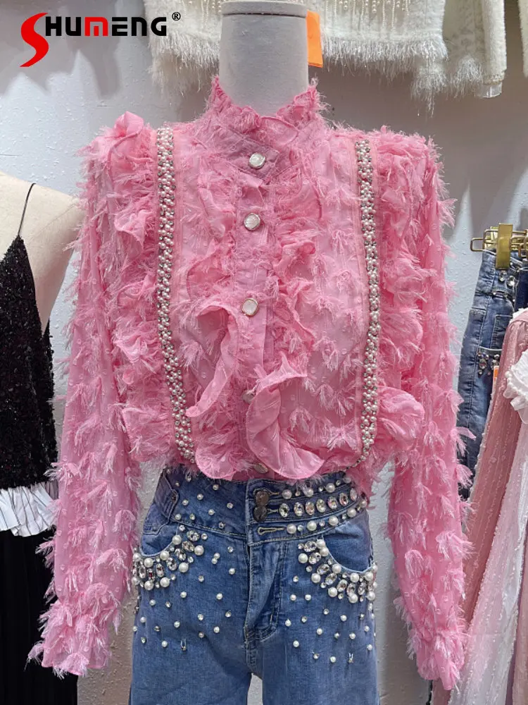 

Высококачественная женская рубашка Стразы с бисером розово-Красного цвета 2022 Ранняя осень новая мода женские яркие шелковые блузки с длинн...