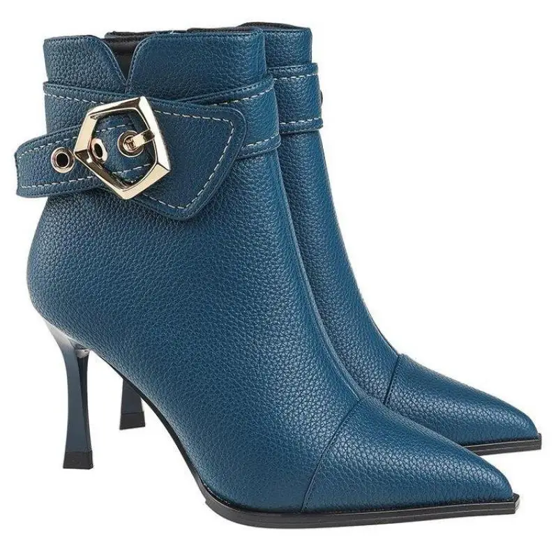 

Женские короткие ботинки на шпильке с острым носком Новинка Осень-зима 2022 универсальные тонкие и тонкие сапоги женские на шпильке с ремешком и пряжкой