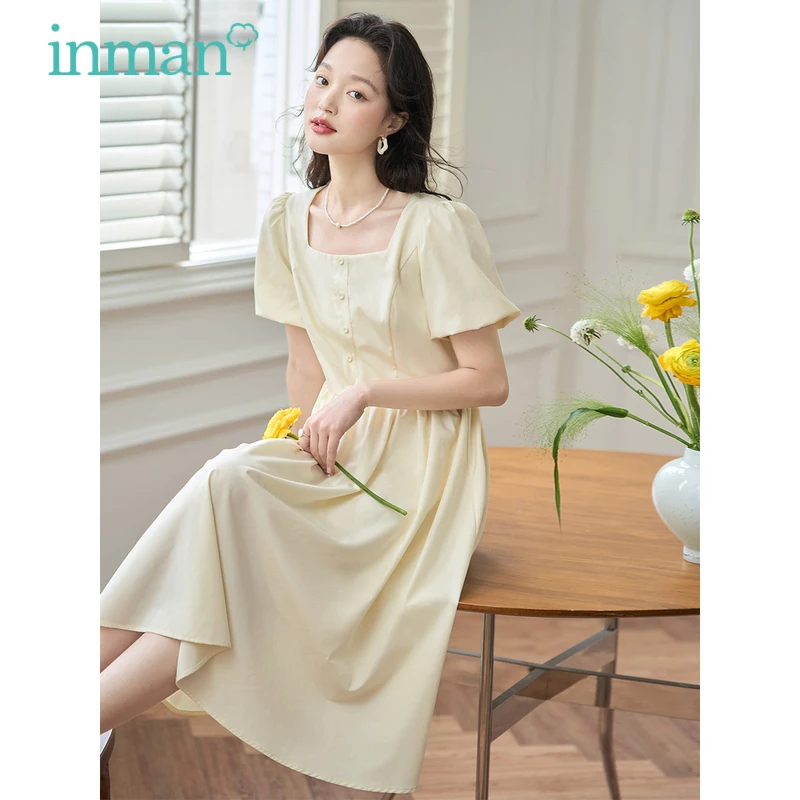 INMAN Women Dress 2023 Summer Short Sleeves Square Neck A-shaped Loose Sweet Gentle Solid Color Apricot Navy Skirt