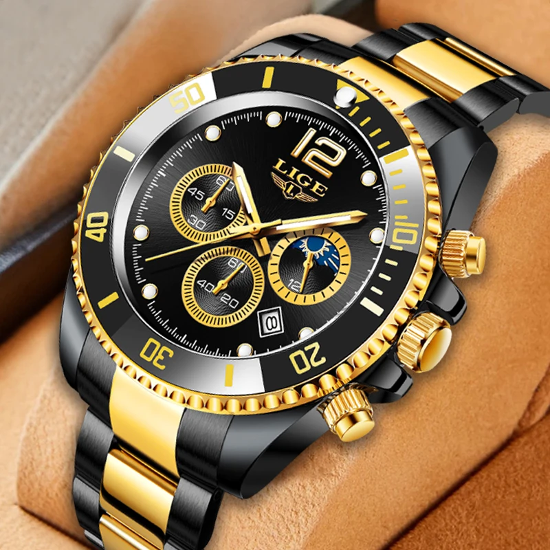 

2022 New Sport Quartz Wrist Watches For Men LIGE Brand Luxury 24 Hours Moon Phase Watch Casual Waterproof Men Watch Montre Homme