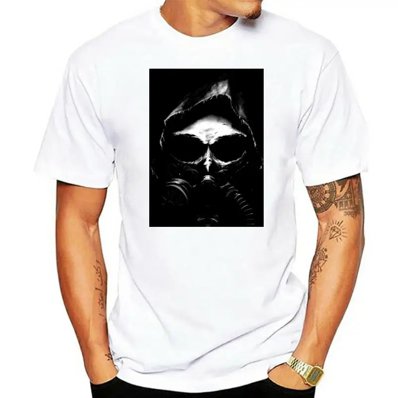 

Футболка мужская с коротким рукавом, готическая Черная Стильная рубашка с принтом черепа, газа, татуировок мертвецов, повседневная с логоти...