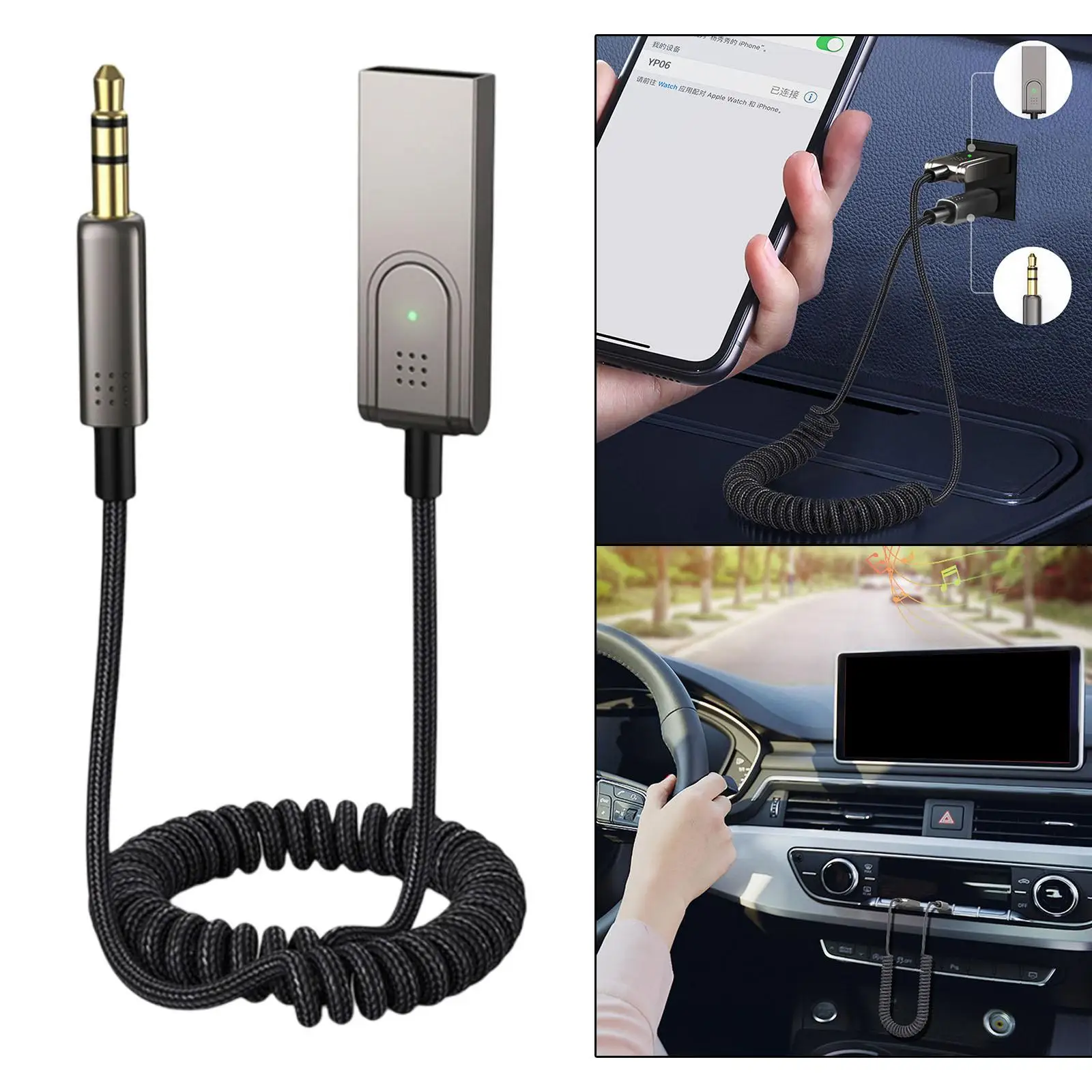 

Автомобильный приемник Bluetooth 5,0 2 в 1, беспроводной адаптер, кабель AUX, встроенный микрофон, передатчик, динамик для дома, аудио, музыка, автомо...