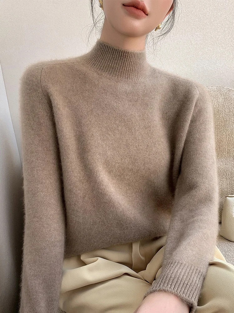 2024 Autumn and Winter New Pure Wool Sweater Women Thickened Half-high Collar Loose Angora Knitted Bottoming Shirt