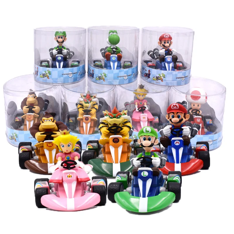 

Super Mario Bros Luigi Yoshi Donkey Kong Bowser Peach Princess Kart Pull Back Cars with Box Anime Figure Dolls for Kids Toy Gift