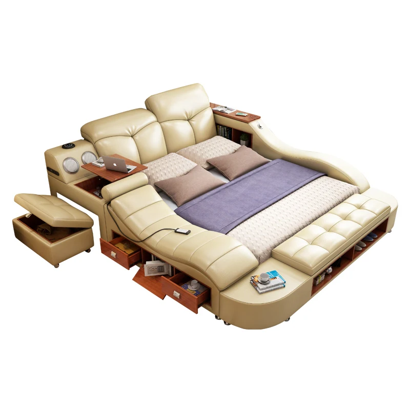 Unique European Frame Double Bed Simple Wood Headrest Massage Queen Home Luxury Floor Letto Multifunzione Bedroom Furniture