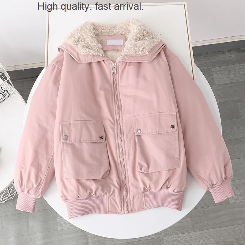 

and Winter Autumn Warm Fleece Lined Candy Color Workwear Female Baggy Coat Circle Fur Collar Imitation Lamb Student Age Reducing