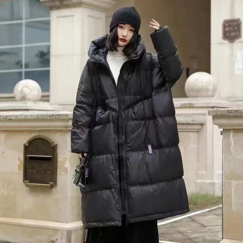 

Новинка 2023, зимнее женское длинное пуховое пальто оверсайз, Женская Толстая теплая куртка на белом утином пуху, свободные парки с капюшоном, верхняя одежда