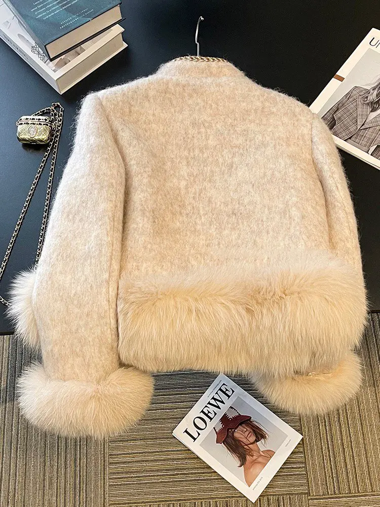 Костюм твидовый женский персиковый из пиджака и юбки с высокой талией