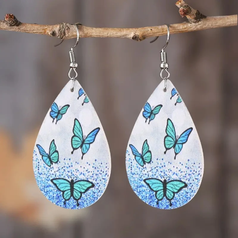 

1Pair Bohemian Fashion Style PU Leather Droplet Earrings Butterfly Print Men's and Women's Daily Wear Ear Jewelry Creative Perso
