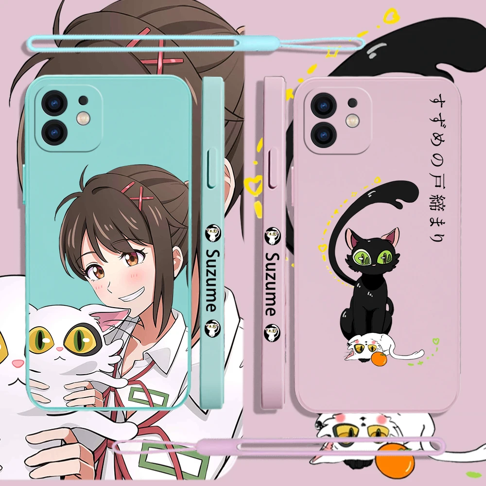 

Cute Anime Japan Suzume Phone Case For iPhone 14 13 12 11 Pro Max Mini X XR XS MAX SE20 8 7 Plus 6 6S Plus Cases with Hand Strap