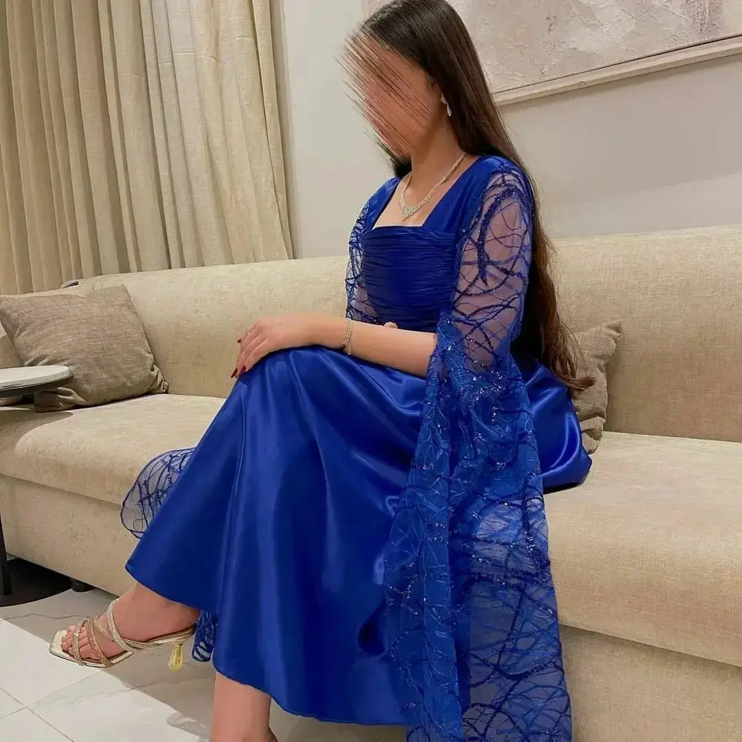 

Royal Blue Satin Long Sleeves Prom Dresses Sheath Square Neck Ankle Length Saudi Arabia Women Evening Party Dress