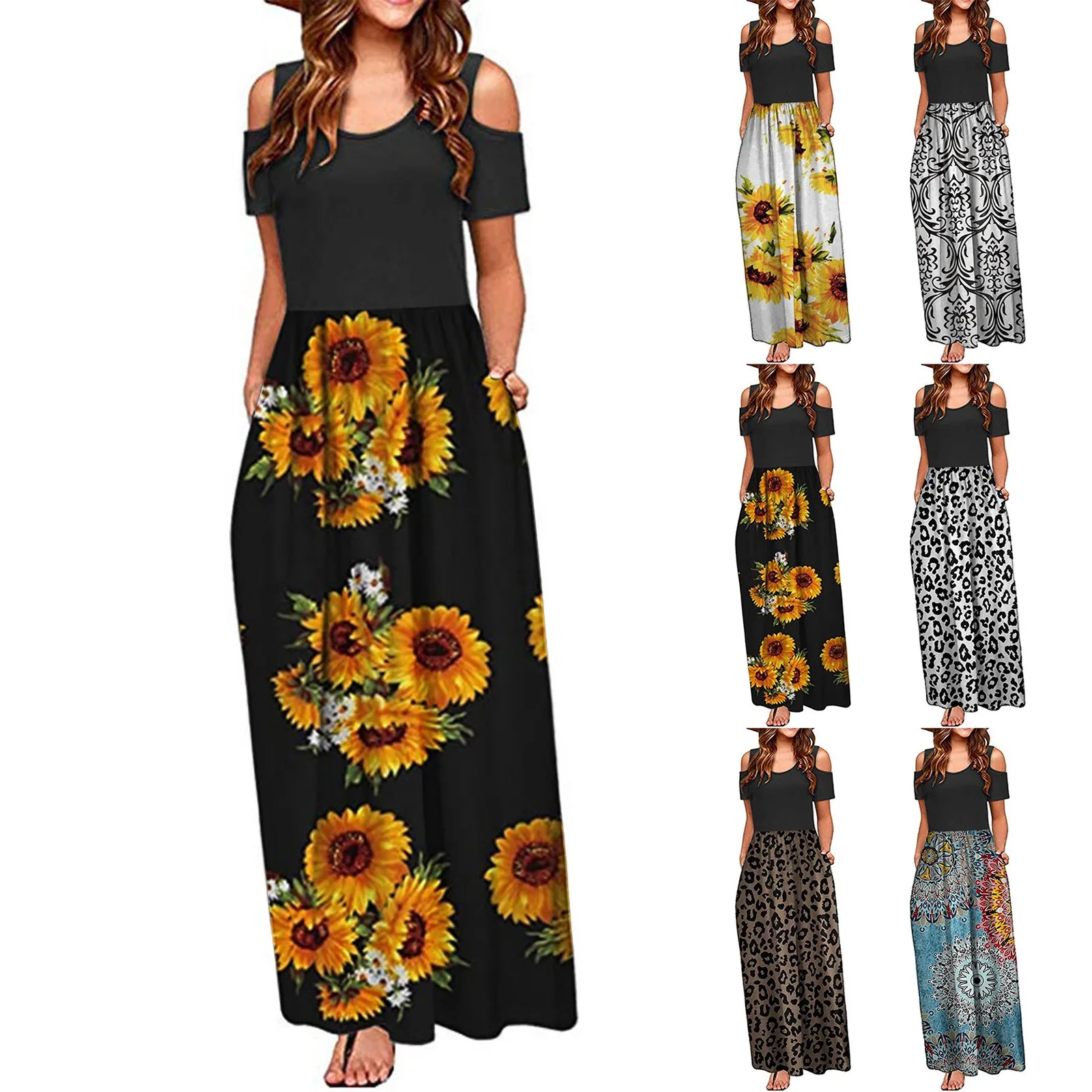 

Женское летнее платье с открытыми плечами, Элегантное Длинное Платье макси с леопардовым принтом и круглым вырезом, с карманами, пляжные пл...