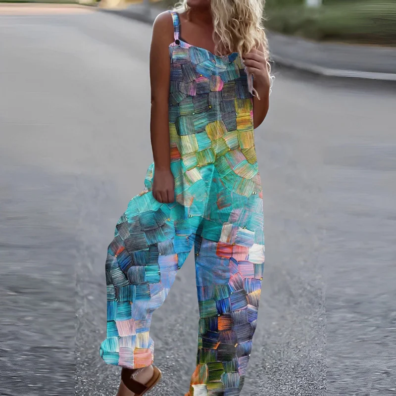 Women Boho Jumpsuit Elegance Jumpsuit Summer Loose Casual Print Retro Strappy Long Jumpsuit Summer New Jump Suits for Women