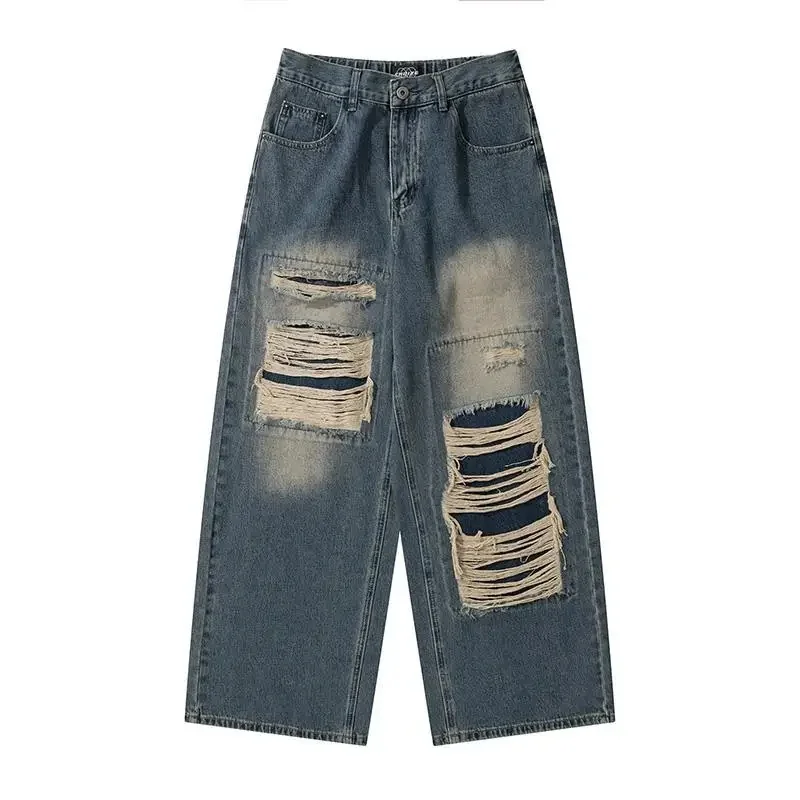 

Корейские ретро джинсы с дырками для мужчин и женщин, новинка 2023, уличные свободные прямые брюки в американском стиле с широкими штанинами