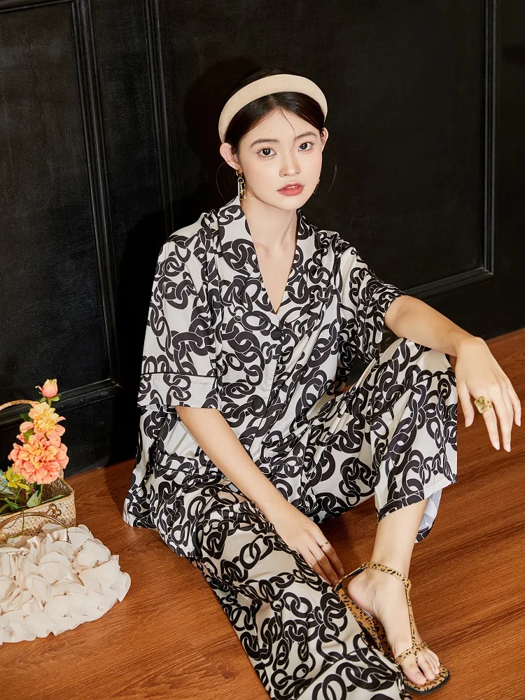 Ice silk pajamas women's new short-sleeved sleeve trousers two piece set summer pajama set dropshipping